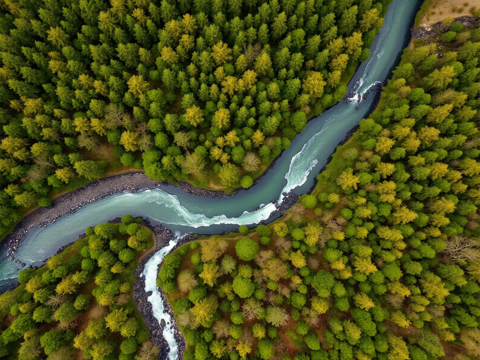 Aerial view of an Appalachian river through forest
